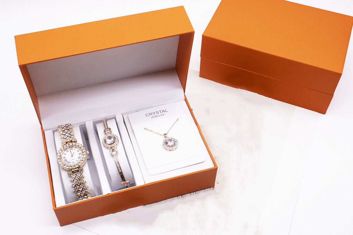 3 - piece Rhinestone Watch Set With Bracelet And Necklace - Hamora