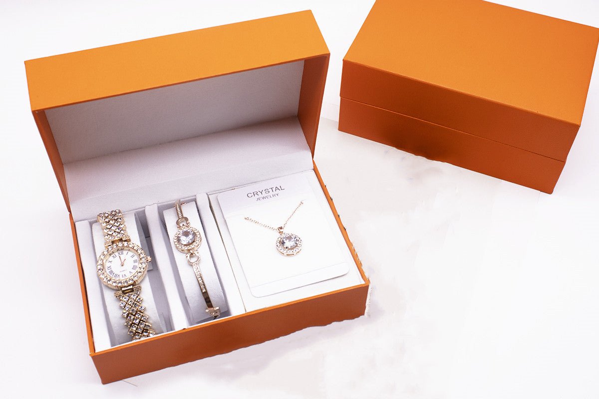 3 - piece Rhinestone Watch Set With Bracelet And Necklace - Hamora