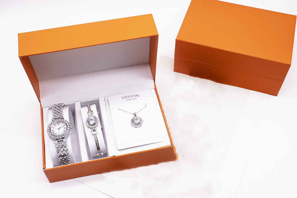 3 - piece Rhinestone Watch Set With Bracelet And Necklace - Hamora