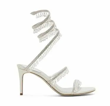 Elegant Moraima Snc White Leather Sandals - Summer High Heels with Crystal Tassels & Snake Pattern"