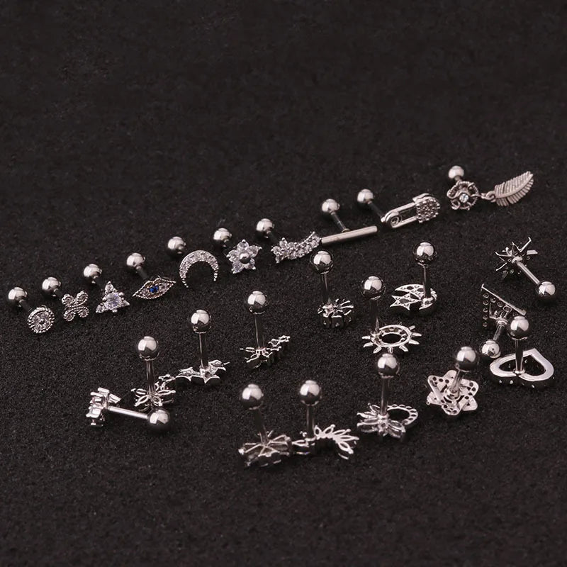 Stylish Örhänge i Guld och Silver 16g - Rostfritt Stål med CZ Stenar för Cartilage, Helix, Tragus och Conch - Säkert Skruvback