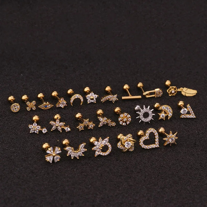 Stylish Örhänge i Guld och Silver 16g - Rostfritt Stål med CZ Stenar för Cartilage, Helix, Tragus och Conch - Säkert Skruvback