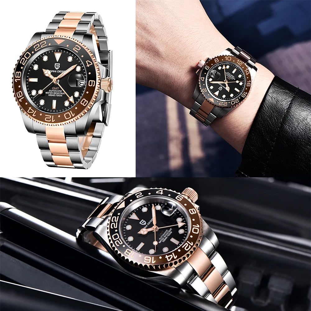 PAGANI DESIGN PD-1662 Lyxig GMT Herrmekanisk Klocka - Saffirglas, Rostfritt Stål och 100M Vattentålig Automatisk Klocka