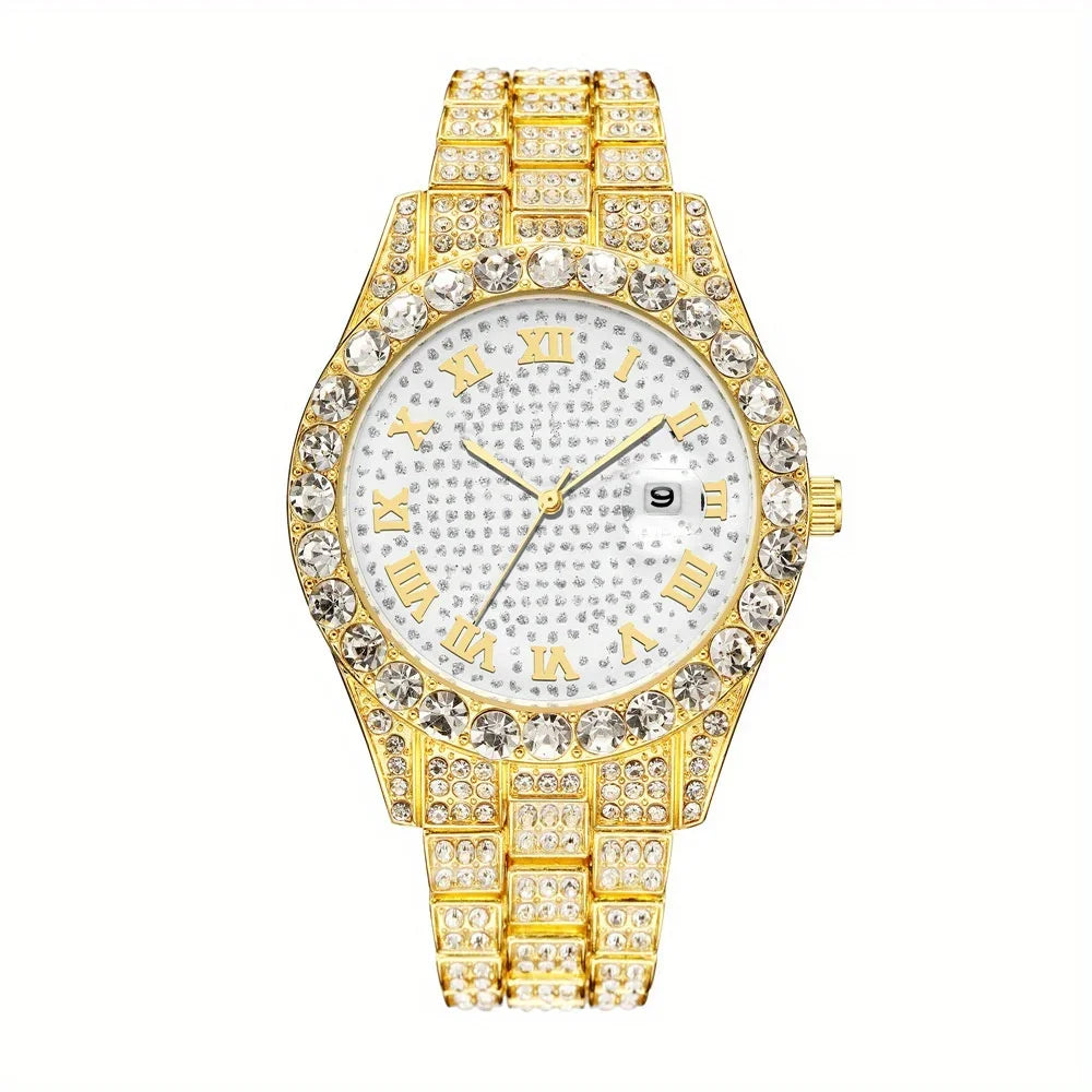 2 pieces/set of luxury men's hip-hop watches, adorned with sparkling artificial diamonds and Cuban chain bracelets