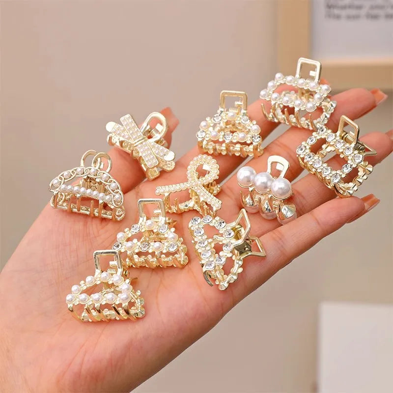 Söt Set med Rhinestonepärlor - Geometriska Metallhårklor för Kvinnor och Flickor - Mini Hårspännen och Accessoarer