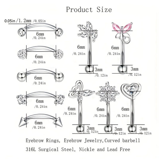 10-Pack 316L Rostfritt Stål Cubic Zirconia Hjärta Ögonbrynsringar Set - Daith Cartilage Conch Piercing Smycken