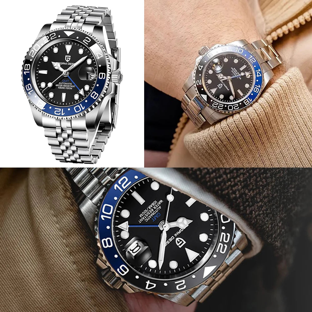 PAGANI DESIGN PD-1662 Lyxig GMT Herrmekanisk Klocka - Saffirglas, Rostfritt Stål och 100M Vattentålig Automatisk Klocka