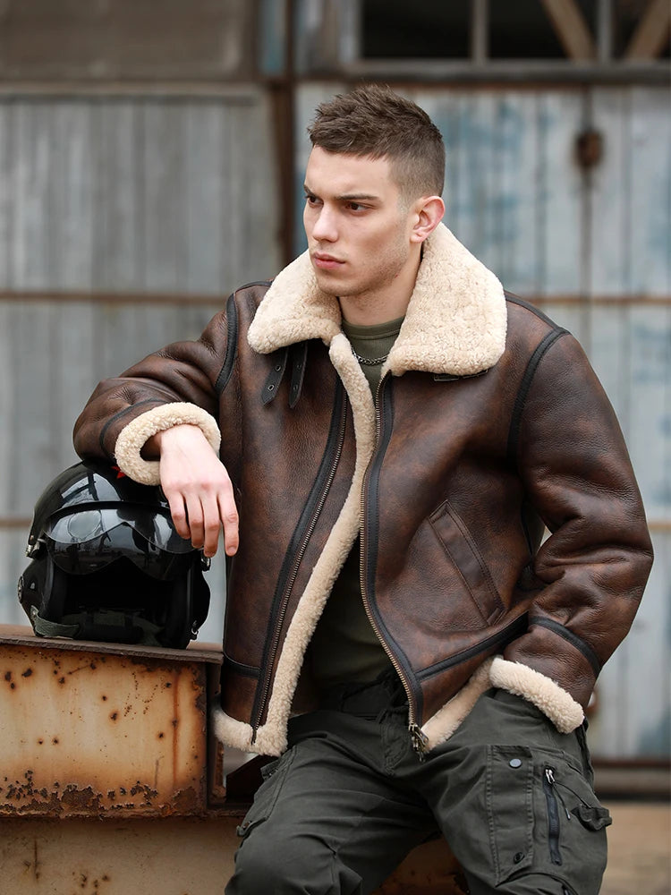 Herrar Vinterkappa i Äkta Läder - Naturlig Shearling Jacka för Motorcyklister och Piloter, Stora Storlekar upp till 7XL i Stilig Brun