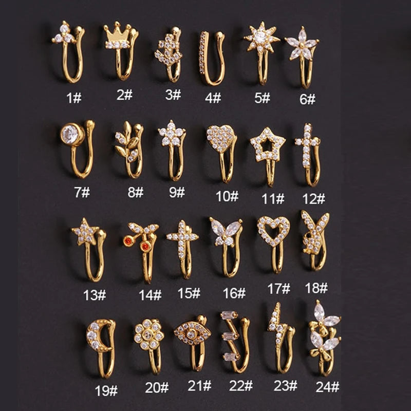 Falsk Piercing Clip Nässmycke - Trendigt Kroppssmycke för Kvinnor - 1 Styck Örclip med Hjärtan, Stjärnor, Blommor och Fjärilar
