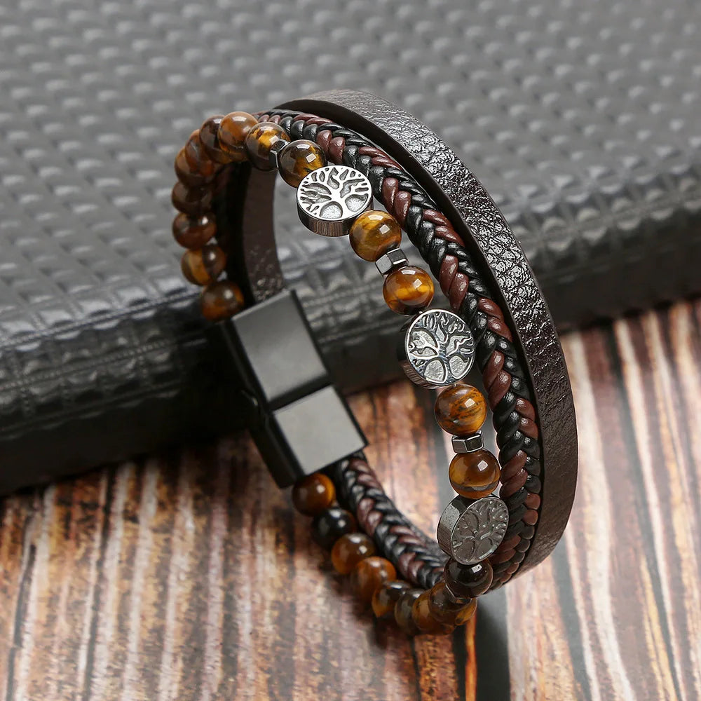 Trendigt Flätat Läderarmband för Män med Tigereye-Kulor - Mångskikts Hantverk för Stiliga Herrar - Perfekt Smycke för Gåvor 2025