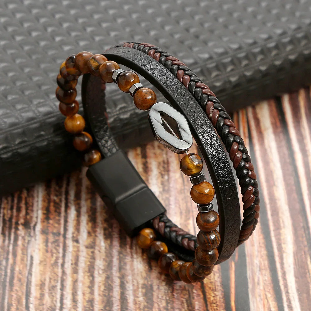 Trendigt Flätat Läderarmband för Män med Tigereye-Kulor - Mångskikts Hantverk för Stiliga Herrar - Perfekt Smycke för Gåvor 2025