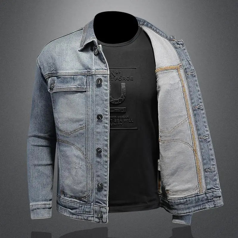 Retro Klassisk Jeansjacka för Män - Löst Passform och Avslappnad Med Fickor - Mångsidig Kragejacka för Hög Gata och Motorcykel