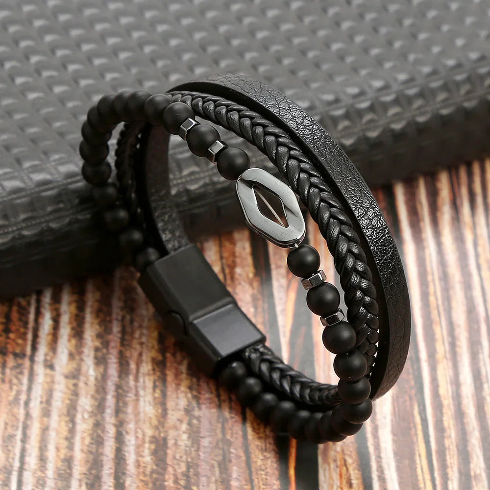 Trendigt Flätat Läderarmband för Män med Tigereye-Kulor - Mångskikts Hantverk för Stiliga Herrar - Perfekt Smycke för Gåvor 2025
