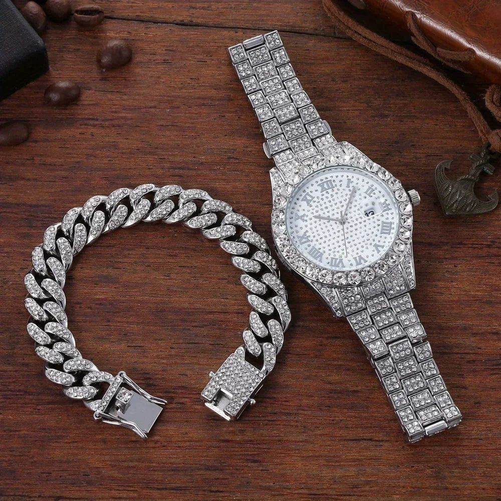 2 pieces/set of luxury men's hip-hop watches, adorned with sparkling artificial diamonds and Cuban chain bracelets