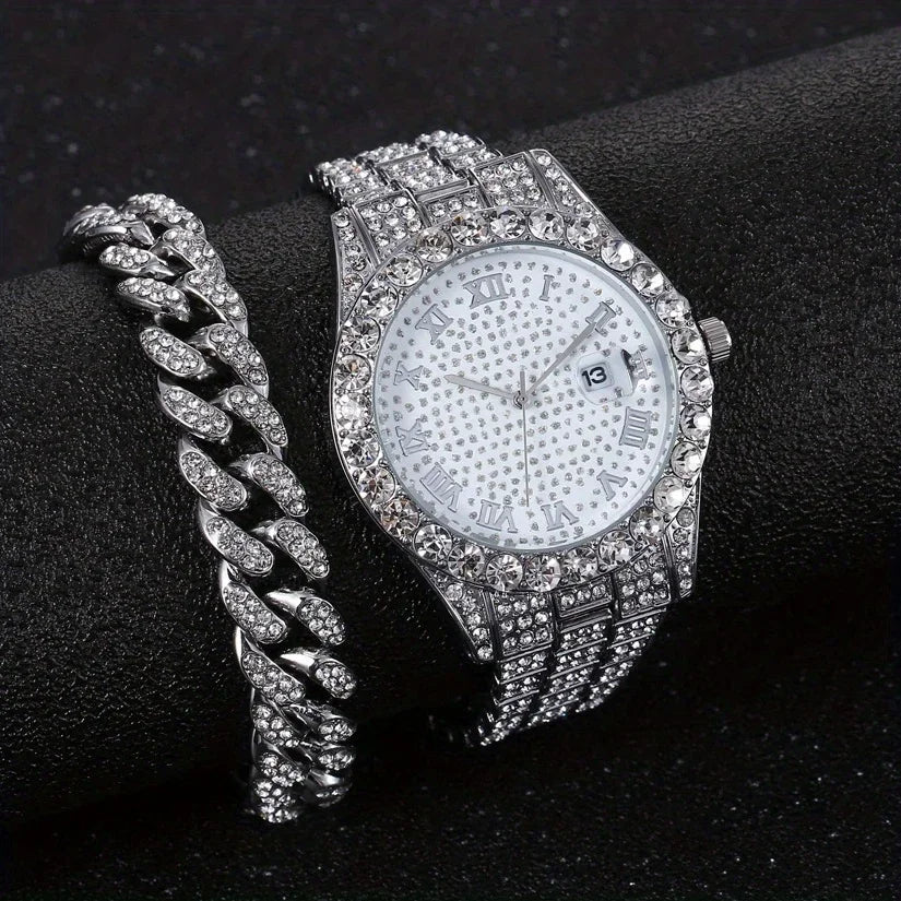 2 pieces/set of luxury men's hip-hop watches, adorned with sparkling artificial diamonds and Cuban chain bracelets