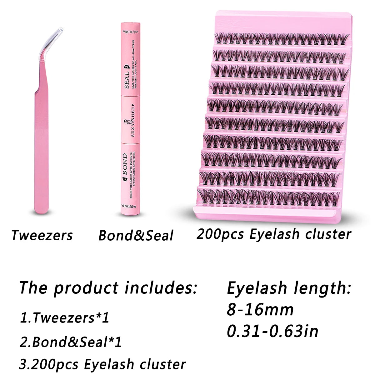 DIY Ögonfransförlängningsset med 200 St Individuella D Curl Fransar - Blandning av 8-16mm Kluster med Fransplockare