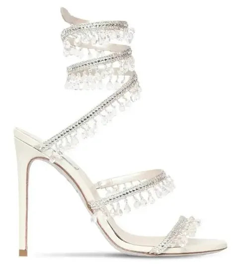 Elegant Moraima Snc White Leather Sandals - Summer High Heels with Crystal Tassels & Snake Pattern"