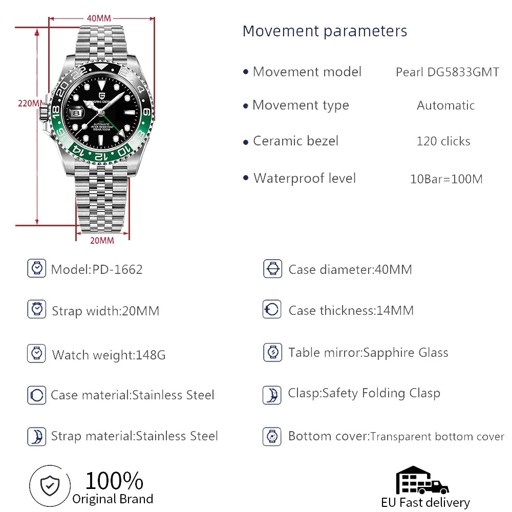 PAGANI DESIGN PD-1662 Lyxig GMT Herrmekanisk Klocka - Saffirglas, Rostfritt Stål och 100M Vattentålig Automatisk Klocka