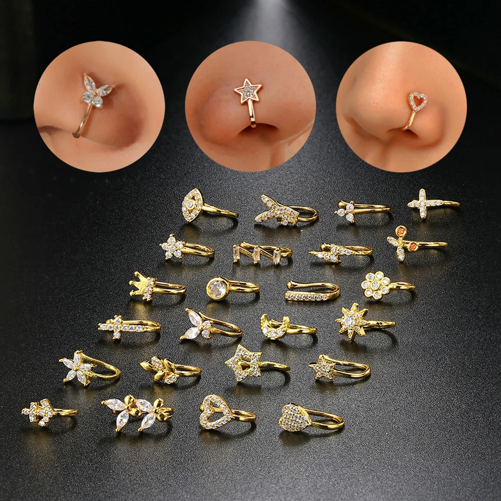 Falsk Piercing Clip Nässmycke - Trendigt Kroppssmycke för Kvinnor - 1 Styck Örclip med Hjärtan, Stjärnor, Blommor och Fjärilar