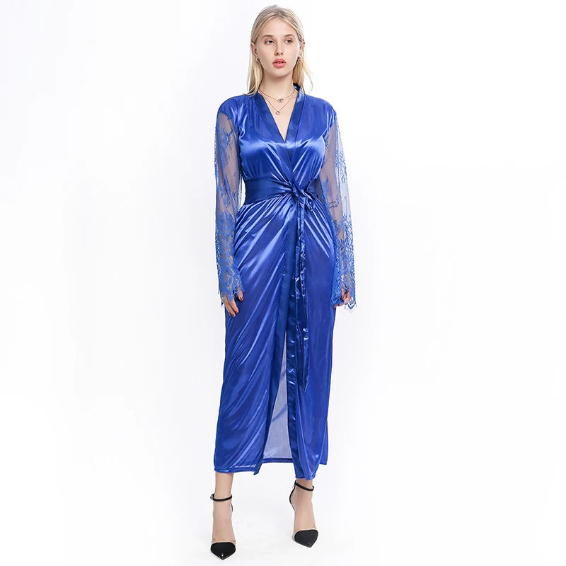 Elegant Women's Lace Lingerie Nightdress - Long Ice Silk Bath Robe in Solid Colors