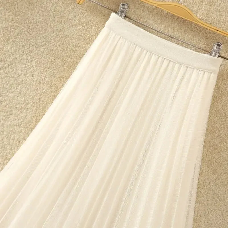 Simplicity Korean Summer Women's Solid Elastic Waist Embroidered Flares Gauze Pleated Fashion High Waist Mid-length A-line Skirt