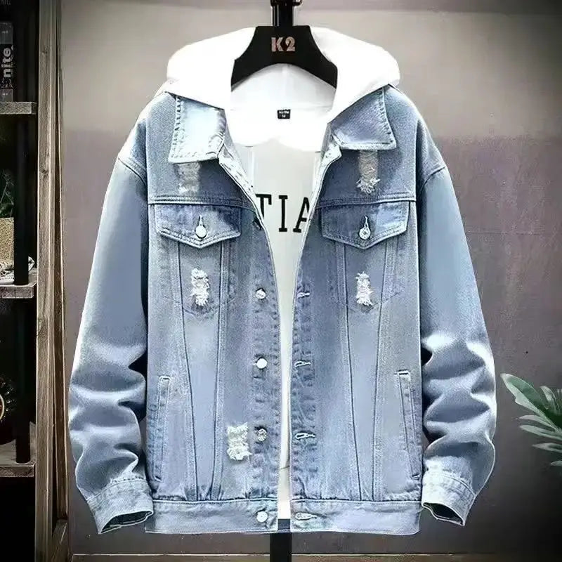 Retro Klassisk Jeansjacka för Män - Löst Passform och Avslappnad Med Fickor - Mångsidig Kragejacka för Hög Gata och Motorcykel