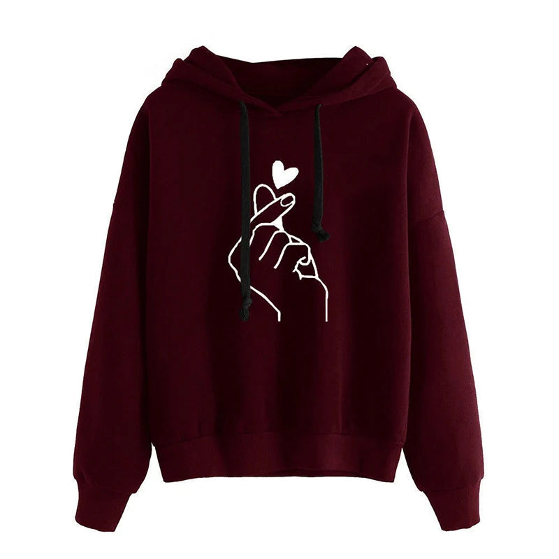 Höst Fleece Hoodie med Fingerhjärta - Enfärgad Koreansk Mode Sweatshirt med Lång Ärmar och Rymliga Fickor