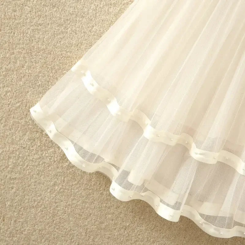 Simplicity Korean Summer Women's Solid Elastic Waist Embroidered Flares Gauze Pleated Fashion High Waist Mid-length A-line Skirt