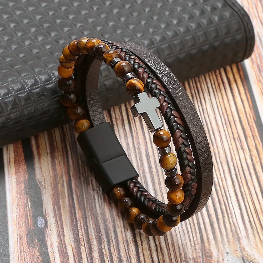 Trendigt Flätat Läderarmband för Män med Tigereye-Kulor - Mångskikts Hantverk för Stiliga Herrar - Perfekt Smycke för Gåvor 2025