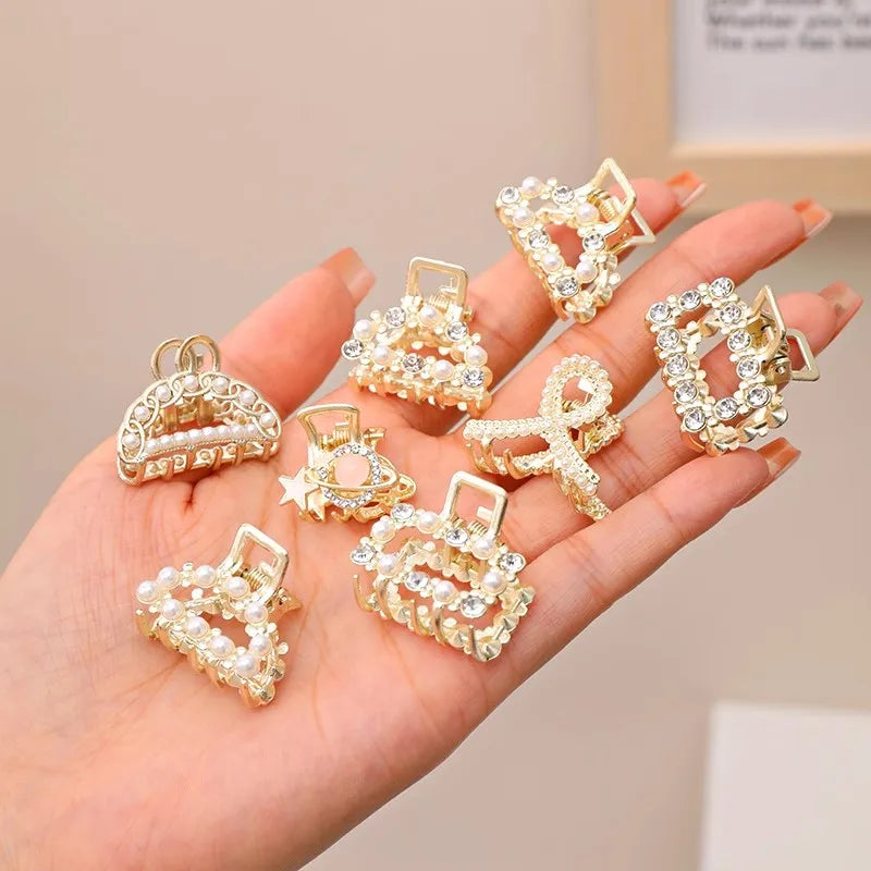 Söt Set med Rhinestonepärlor - Geometriska Metallhårklor för Kvinnor och Flickor - Mini Hårspännen och Accessoarer