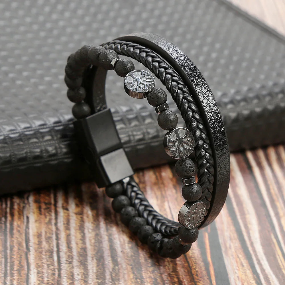 Trendigt Flätat Läderarmband för Män med Tigereye-Kulor - Mångskikts Hantverk för Stiliga Herrar - Perfekt Smycke för Gåvor 2025