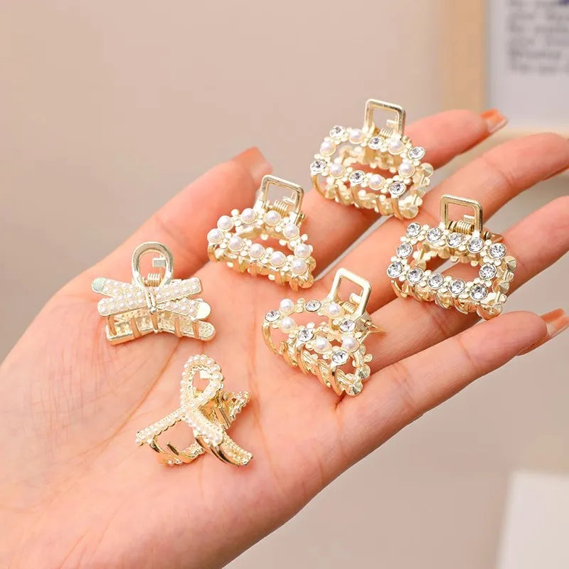 Söt Set med Rhinestonepärlor - Geometriska Metallhårklor för Kvinnor och Flickor - Mini Hårspännen och Accessoarer