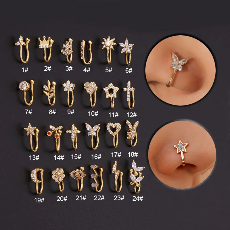 Falsk Piercing Clip Nässmycke - Trendigt Kroppssmycke för Kvinnor - 1 Styck Örclip med Hjärtan, Stjärnor, Blommor och Fjärilar