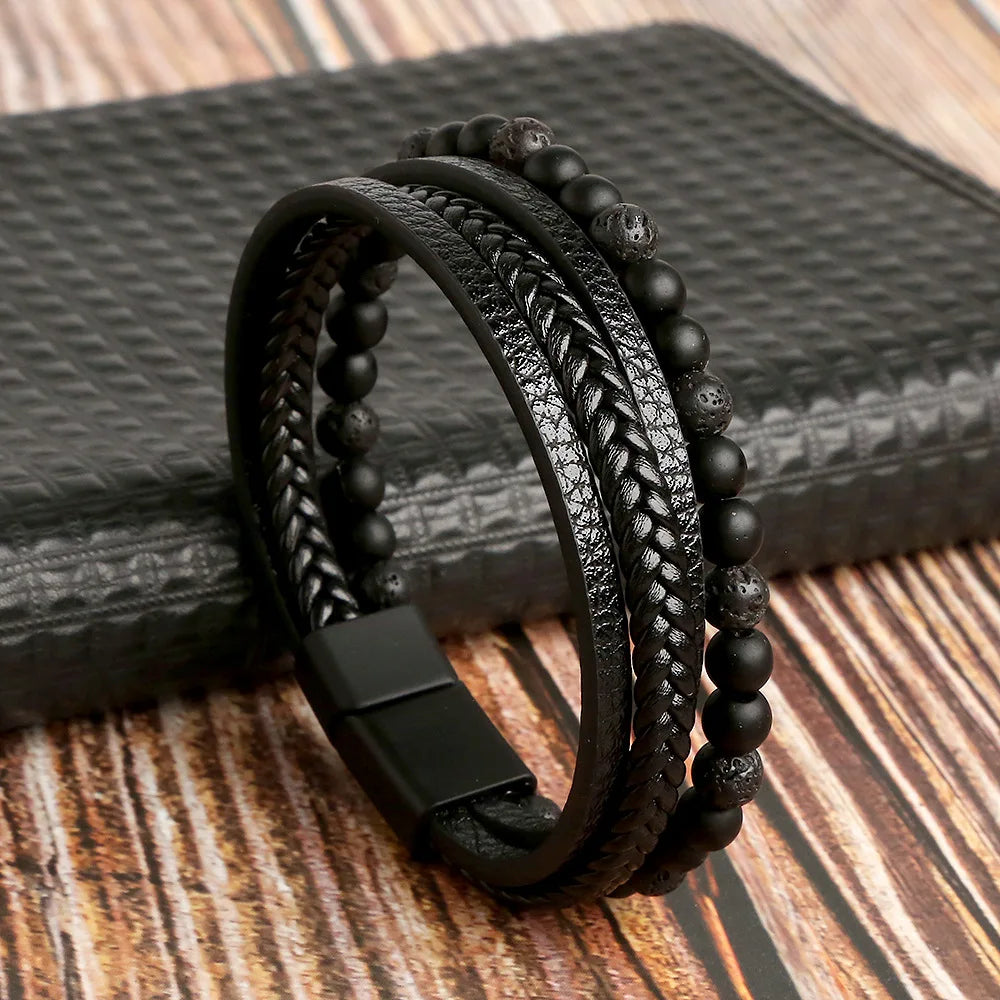 Trendigt Flätat Läderarmband för Män med Tigereye-Kulor - Mångskikts Hantverk för Stiliga Herrar - Perfekt Smycke för Gåvor 2025