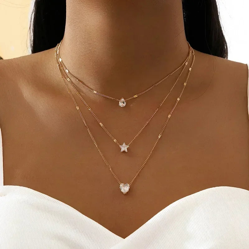 New Fashion Silver Color Double Layer Star Moon Necklace for Women Charm Delicate Zircon Stainless Steel Choker Chain Jewelry