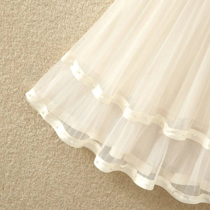 Simplicity Korean Summer Women's Solid Elastic Waist Embroidered Flares Gauze Pleated Fashion High Waist Mid-length A-line Skirt