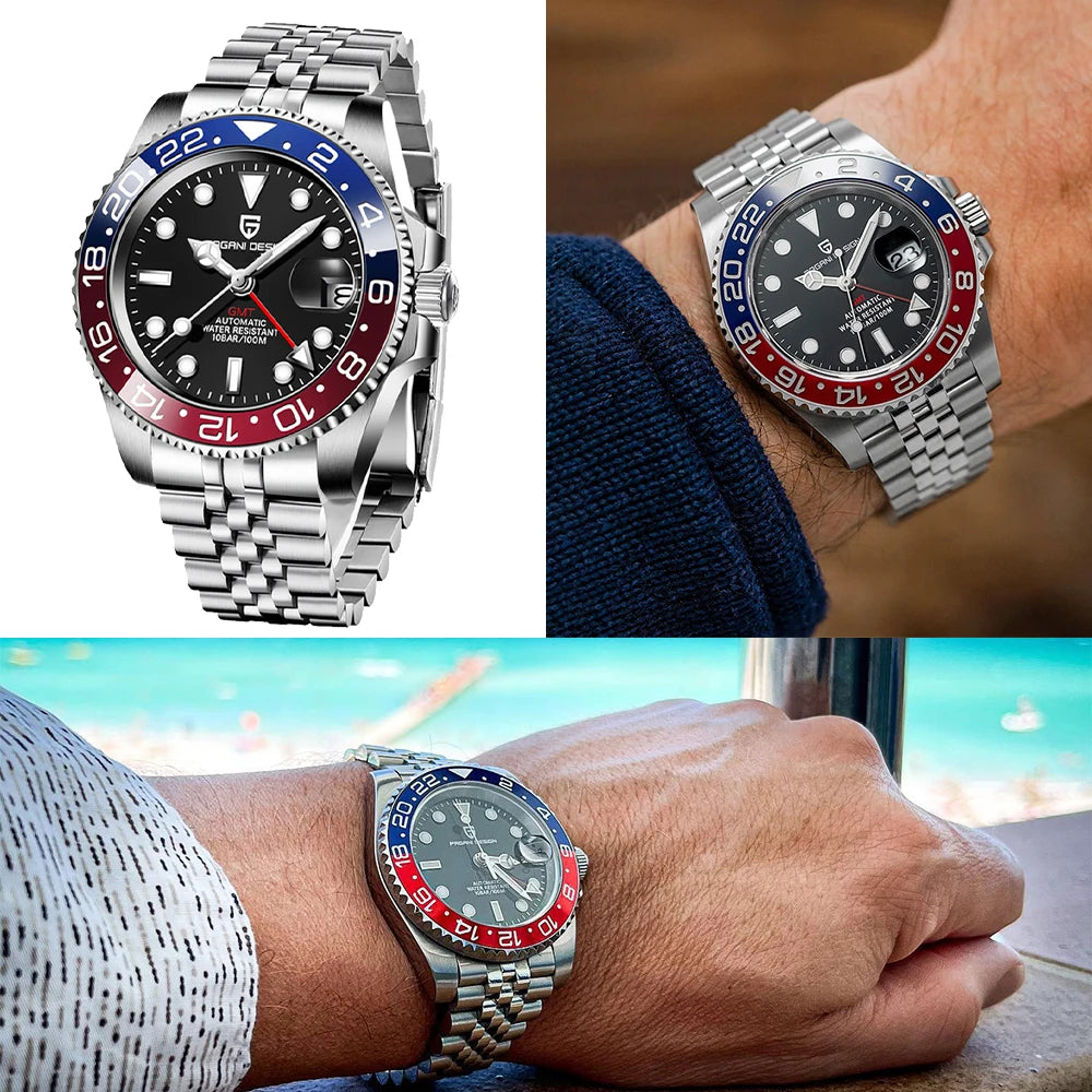 PAGANI DESIGN PD-1662 Lyxig GMT Herrmekanisk Klocka - Saffirglas, Rostfritt Stål och 100M Vattentålig Automatisk Klocka
