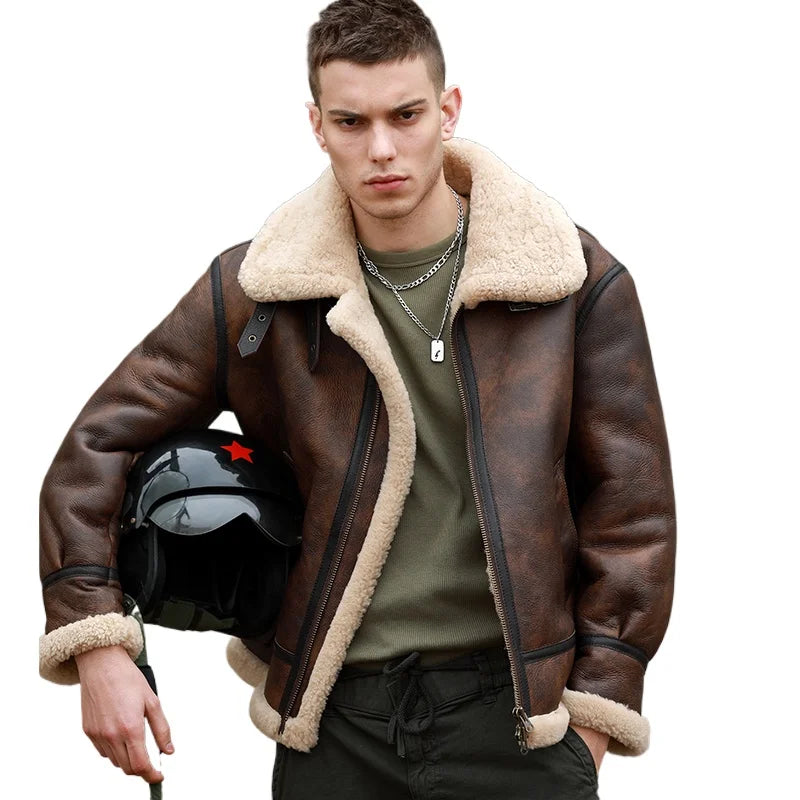 Herrar Vinterkappa i Äkta Läder - Naturlig Shearling Jacka för Motorcyklister och Piloter, Stora Storlekar upp till 7XL i Stilig Brun