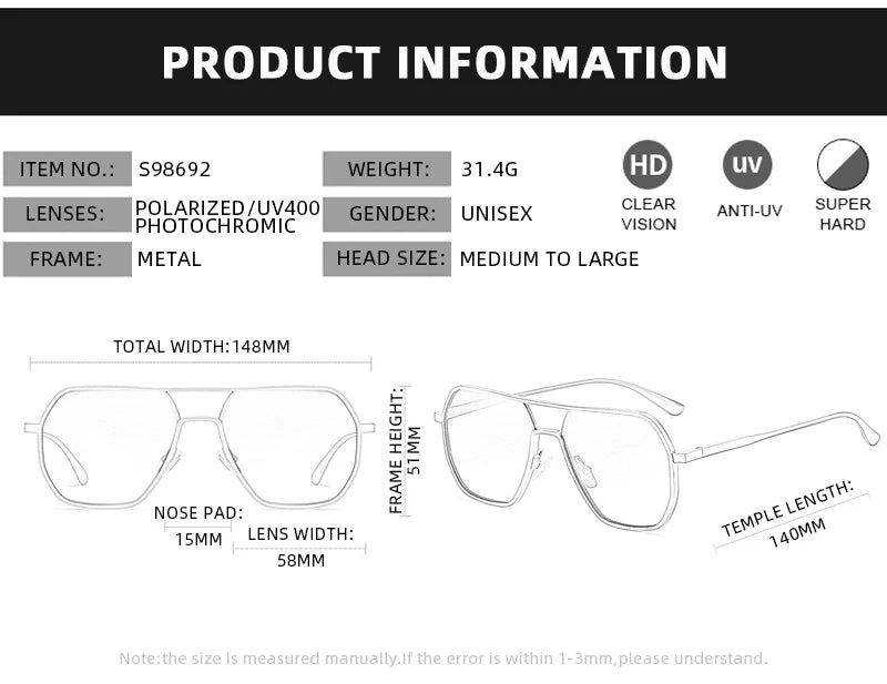 Lyxiga Metallisk Photochromic Solglasögon för Män och Kvinnor - Fashion Polariserade Sunglasses - Stiliga Kameleon Antiglans Körtillägg UV400