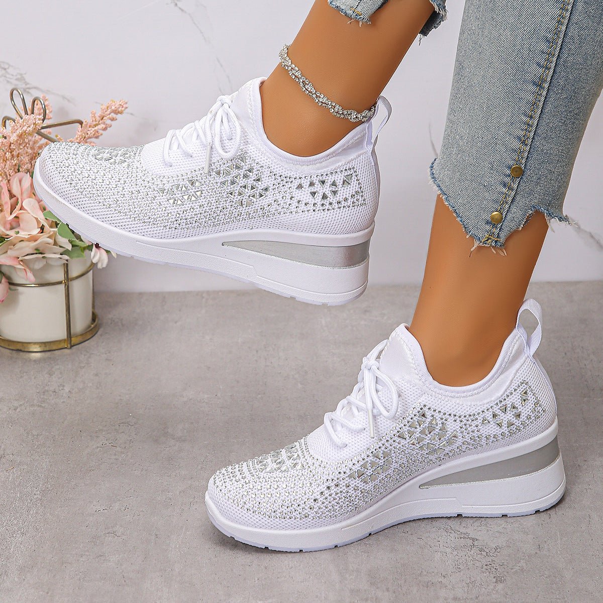 Rhinestone Lace Up Fashion Style Daily Commuter Women's Casual Shoes - Hamora