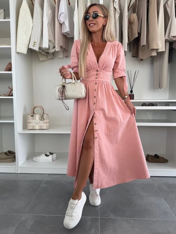 V - neck Short Sleeve Loose Denim Long Button Dress - Hamora