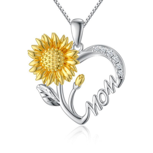 925 Sterling Silver Halsband för Mamma - Solros och Hjärta 'Jag Älskar Dig' Hängsmycke - Perfekt Gåva för Mors Dag och Födelsedag
