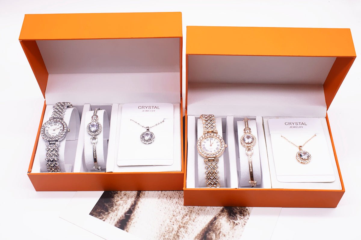 3 - piece Rhinestone Watch Set With Bracelet And Necklace - Hamora