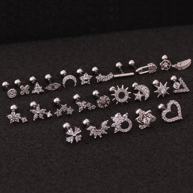 Stylish Örhänge i Guld och Silver 16g - Rostfritt Stål med CZ Stenar för Cartilage, Helix, Tragus och Conch - Säkert Skruvback