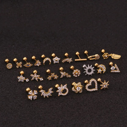 Stylish Örhänge i Guld och Silver 16g - Rostfritt Stål med CZ Stenar för Cartilage, Helix, Tragus och Conch - Säkert Skruvback
