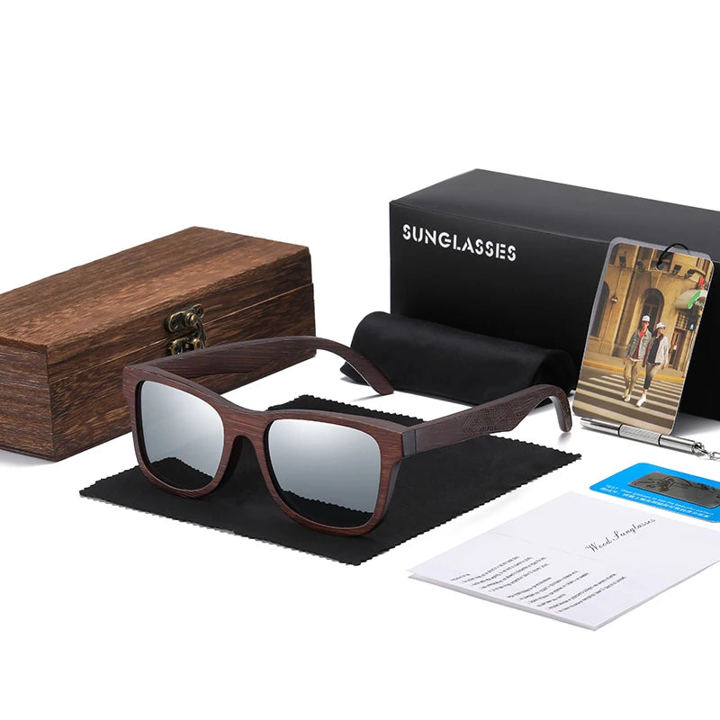 Handgjorda Polariserade Solglasögon i Naturligt Bambu - Eleganta Spegelglas med Presentförpackning