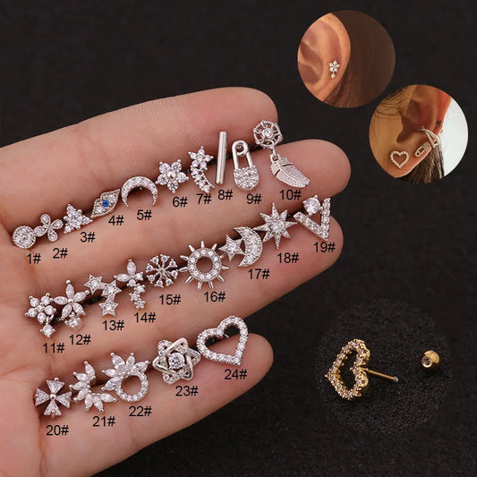 Stylish Örhänge i Guld och Silver 16g - Rostfritt Stål med CZ Stenar för Cartilage, Helix, Tragus och Conch - Säkert Skruvback