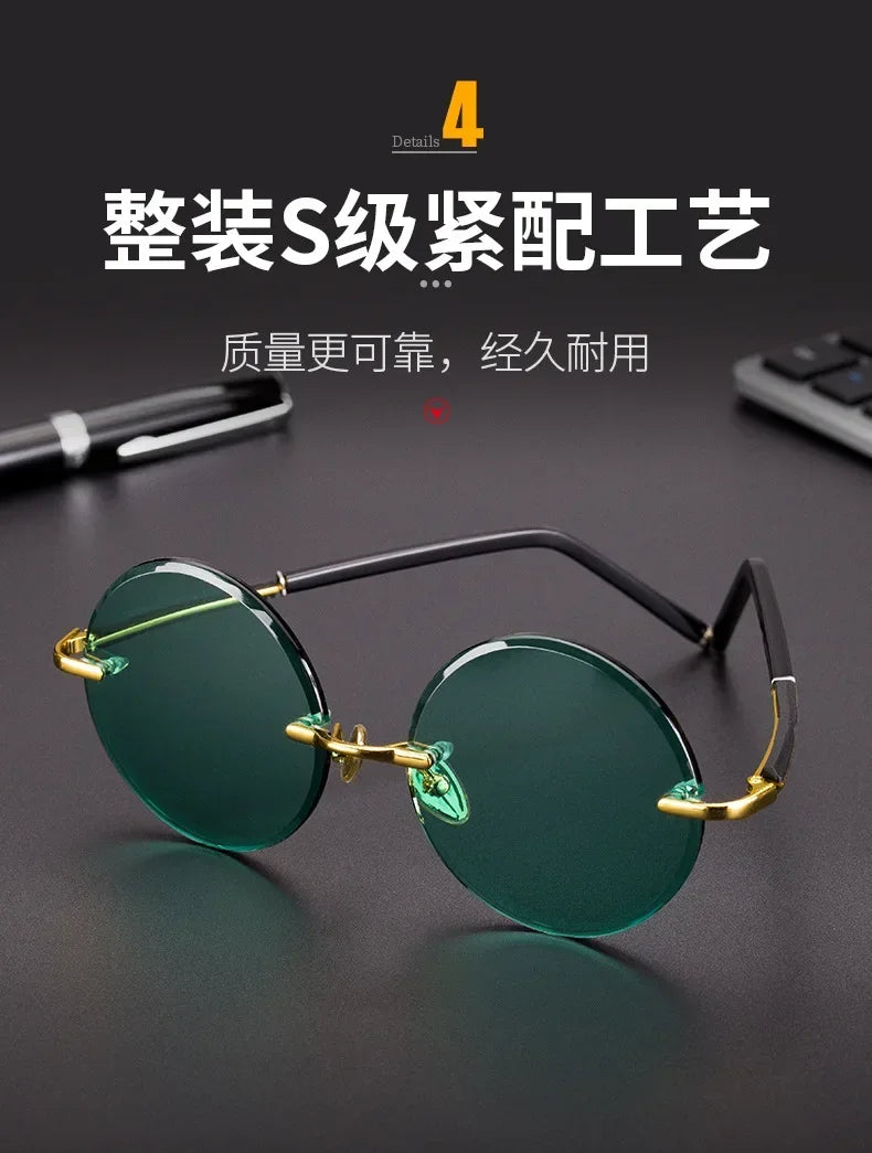 ‏"Classic Retro Rimless Sunglasses - Unisex Crystal Dark Green Lens for Outdoor Driving"