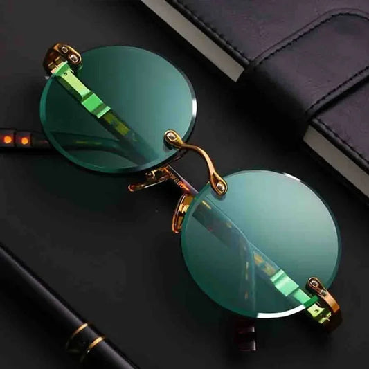 ‏"Classic Retro Rimless Sunglasses - Unisex Crystal Dark Green Lens for Outdoor Driving"