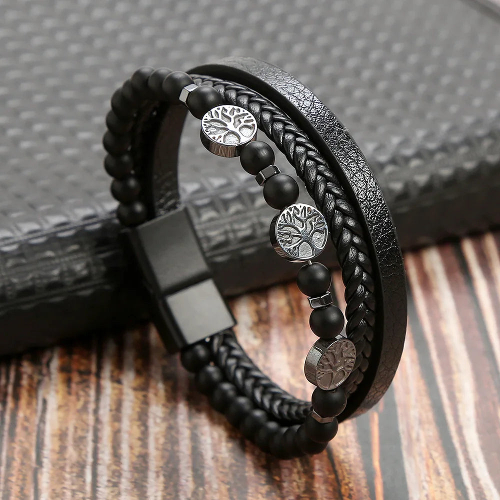 Trendigt Flätat Läderarmband för Män med Tigereye-Kulor - Mångskikts Hantverk för Stiliga Herrar - Perfekt Smycke för Gåvor 2025